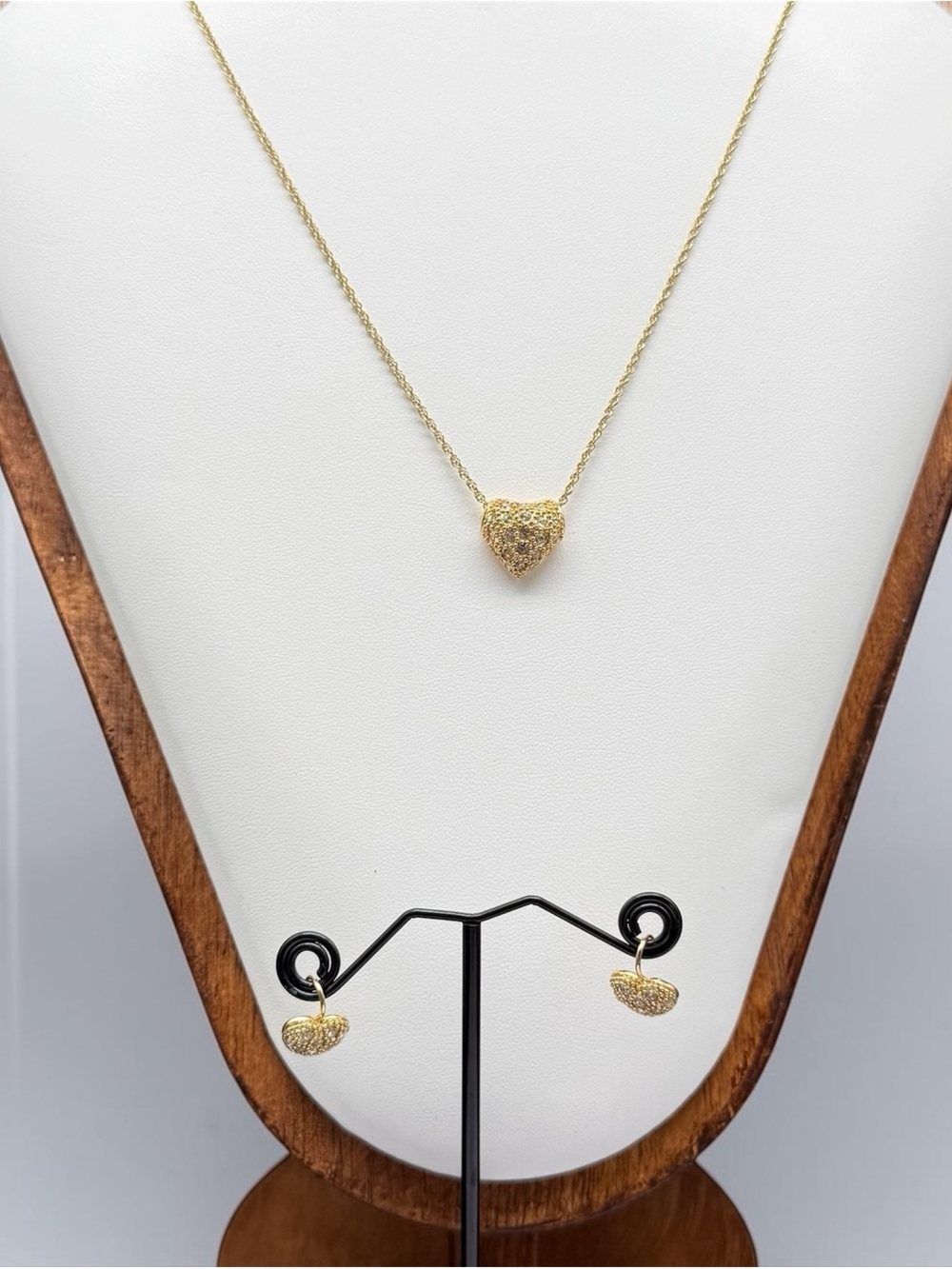 Vintage Roman Heart Necklace & Pierced Earrings Set Gold Tone Austrian Crystal